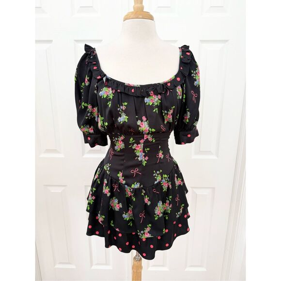 For Love & Lemons Bow Black Wilson Floral Peasant Style Mini Dress Small - Picture 1 of 6